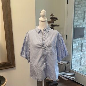 Puff sleeve, button-down, collared shirt with blue and white stripes